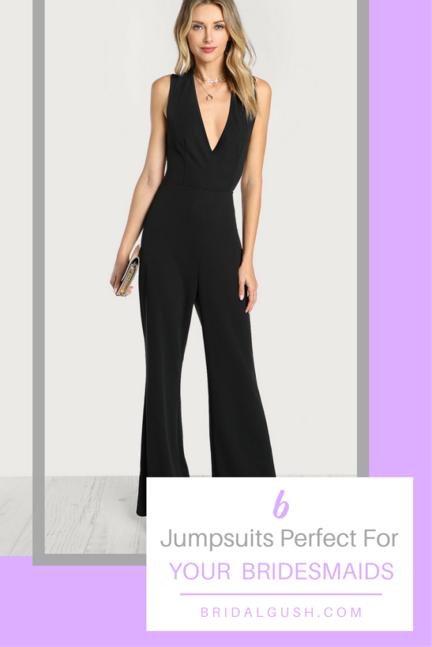 Ditch the dresses and give  your girls something they will actually want  to wear with these bridesmaids jumpsuits. Bridesmaids jumpsuits will be a sleek and stylish addition to your wedding day look. See how to get the look. | BridalGush.com | Bridesmaid Ideas | Bridesmaids | Bridal Party ideas | Unique Bridesmaid Ideas